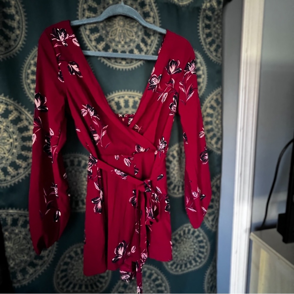 Floral red romper with waist tie belt